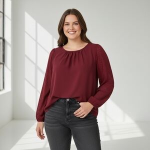 SHEIN Burgundy Blouse Women's 2X with Patterned Sleeves Romance Valentine's Date